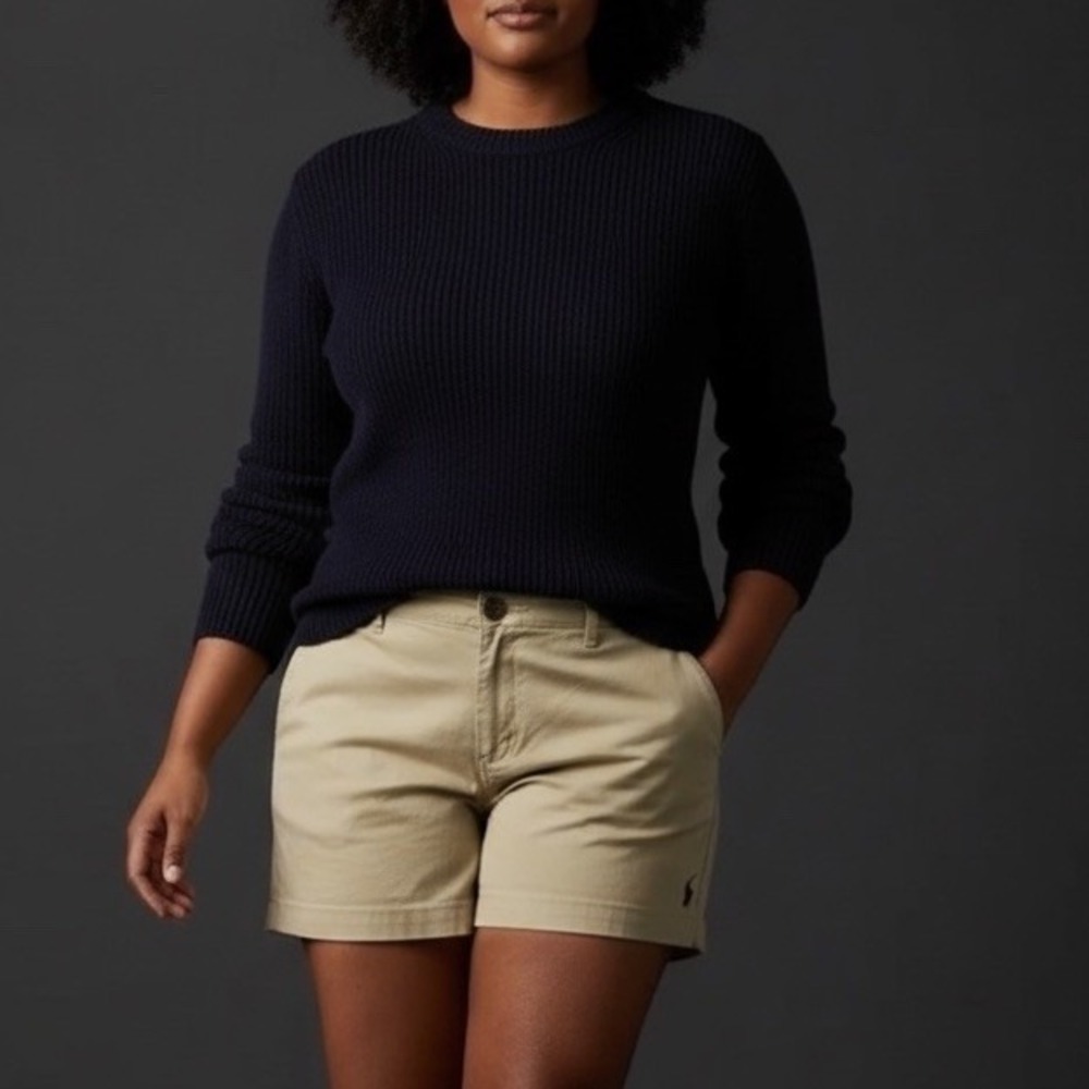 Womens 14 RALPH LAUREN SPORT Khaki Chino Shorts Navy Pony 10" Inseam 100% Cotton